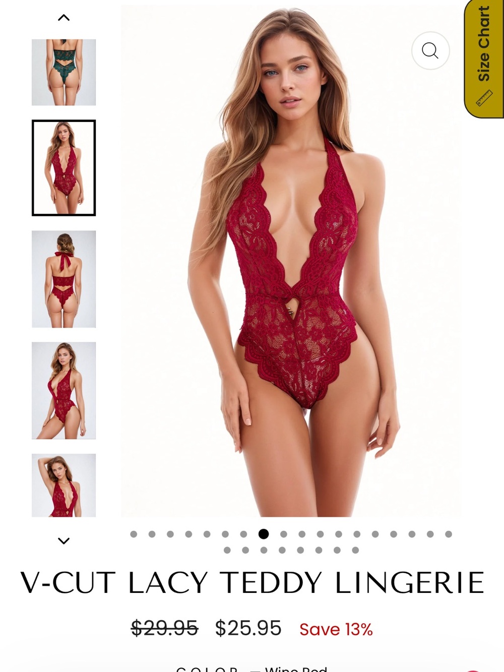 Wine Red Deep V Lace Teddy Halter Lingerie